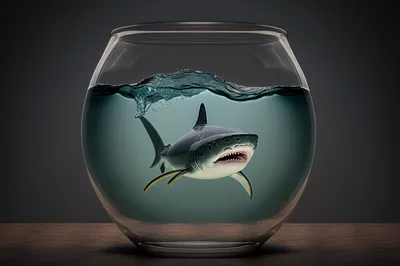 Great White Shark Swimming Inside A Glass Fishbowl