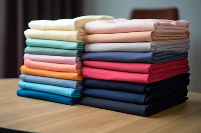 Two Stacks Of Folded Colorful Fabric On Wooden Table