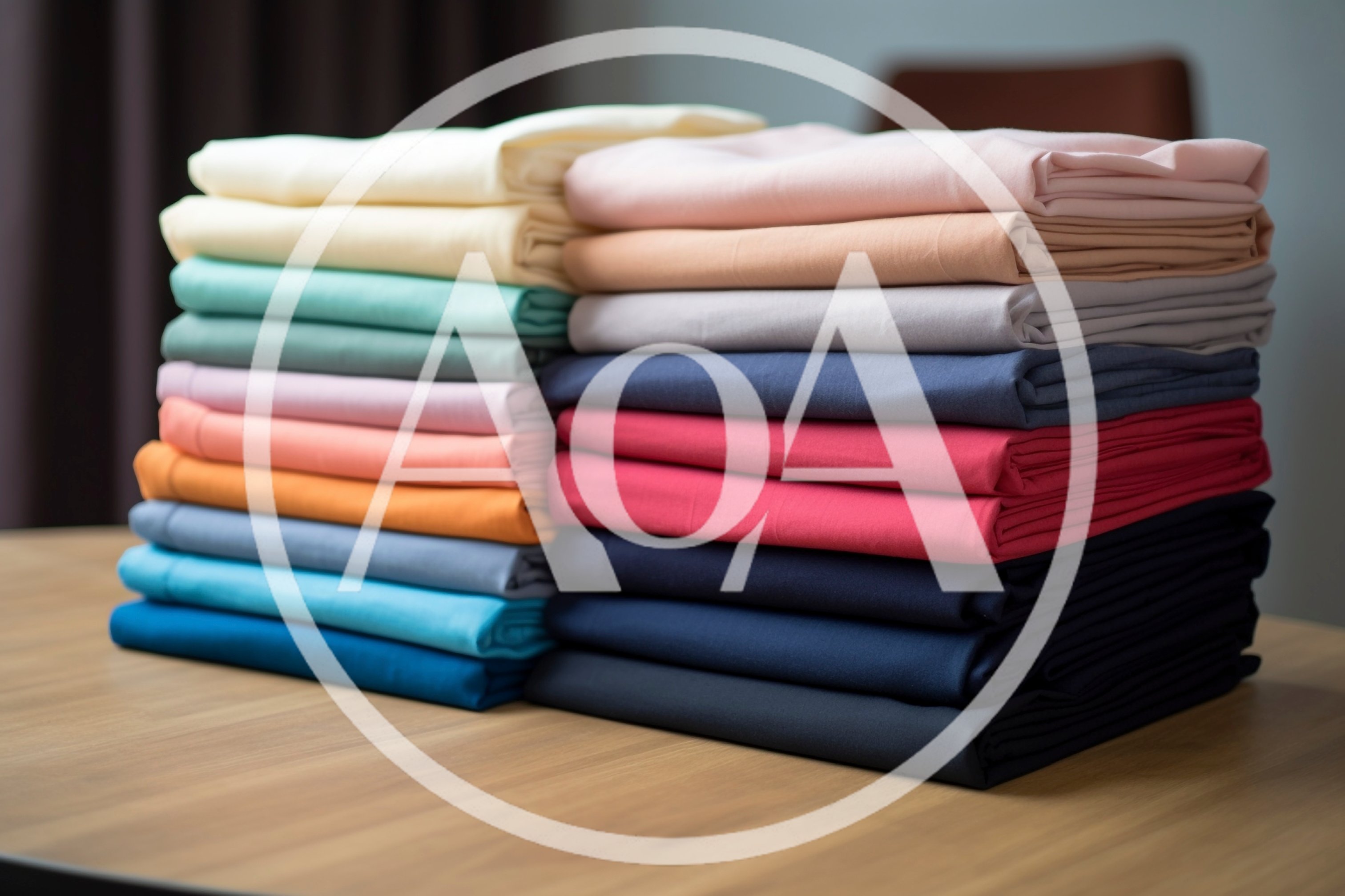 Two Stacks Of Folded Colorful Fabric On Wooden Table