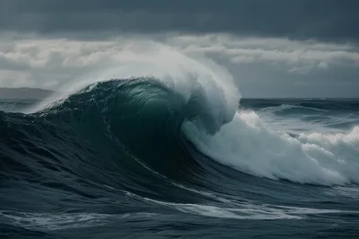 Powerful Crashing Ocean Wave Under Stormy Skies
