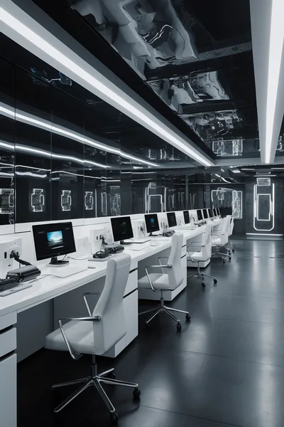 Modern Minimalist Office Workspace With Rows Of Computers