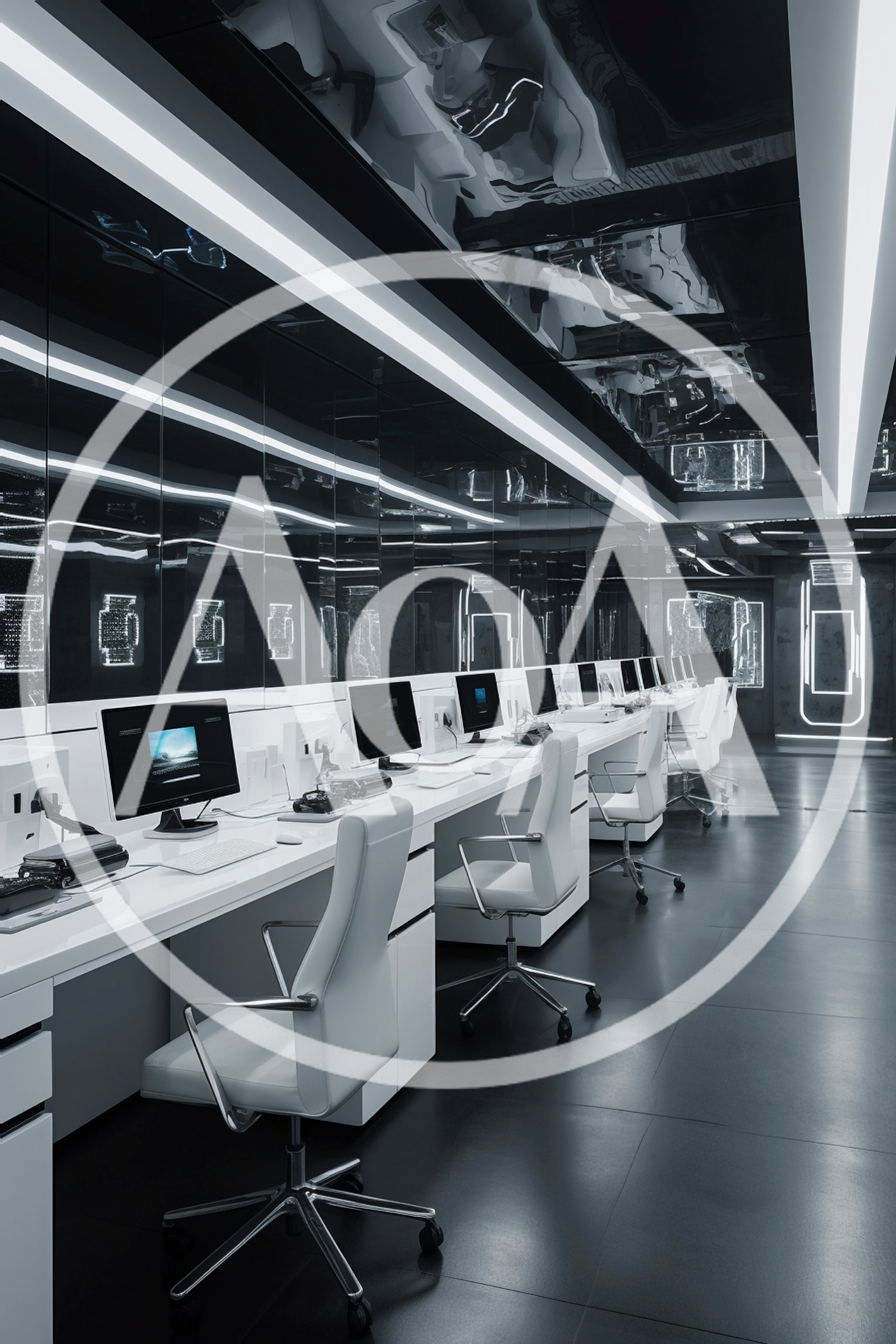 Modern Minimalist Office Workspace With Rows Of Computers