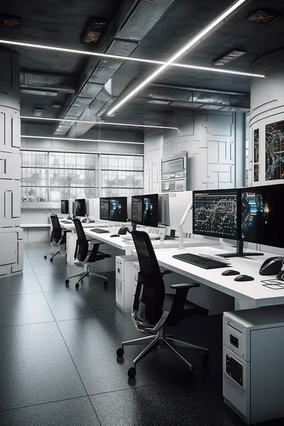Modern Futuristic Office Workspace With Computer Stations