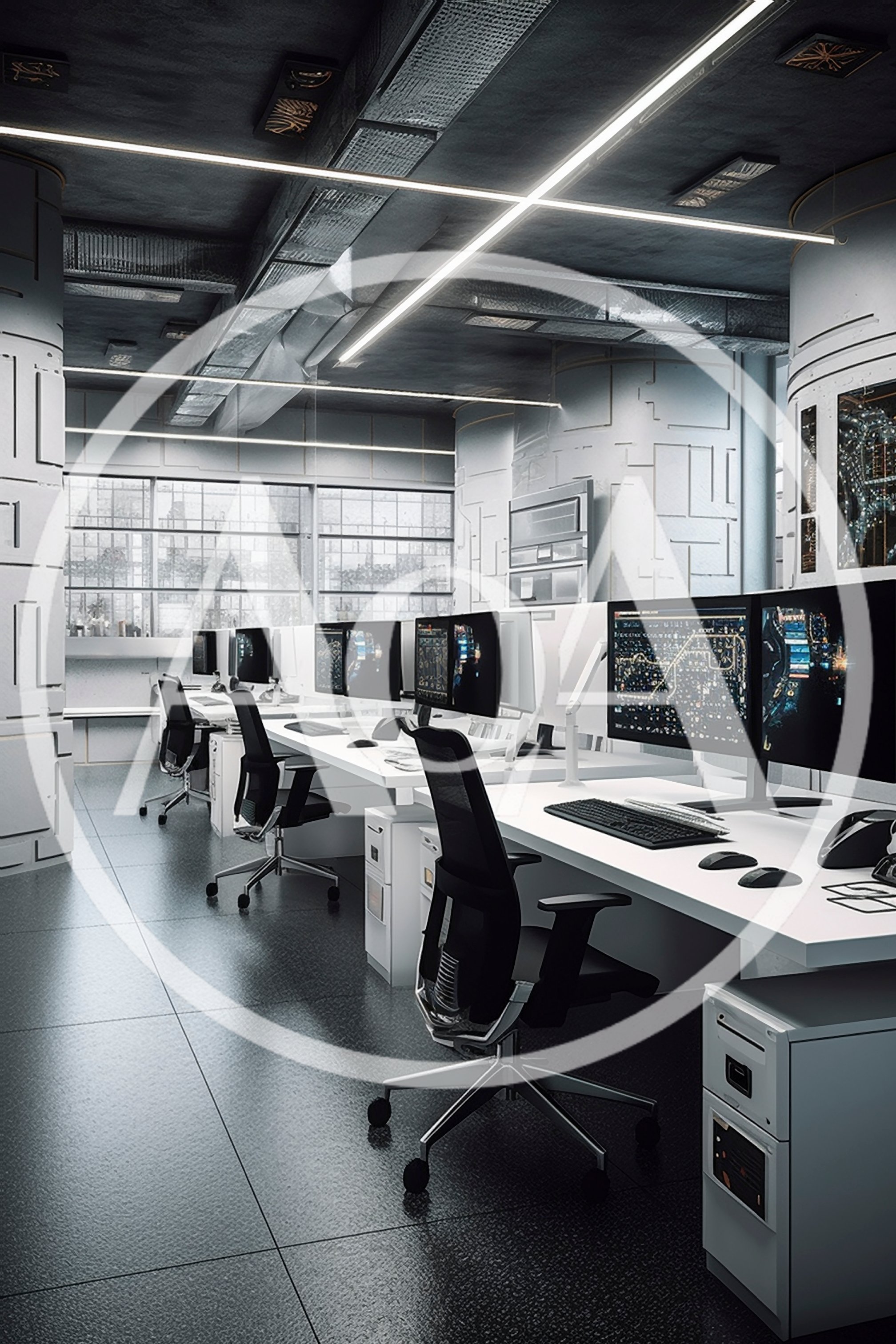 Modern Futuristic Office Workspace With Computer Stations