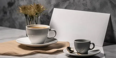 Coffee Cups With Blank Card On Marble Table