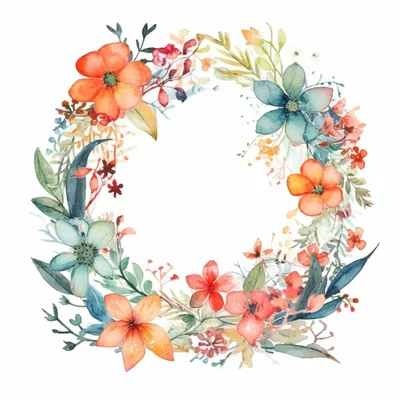 Watercolor Floral Wreath With Orange And Teal Flowers