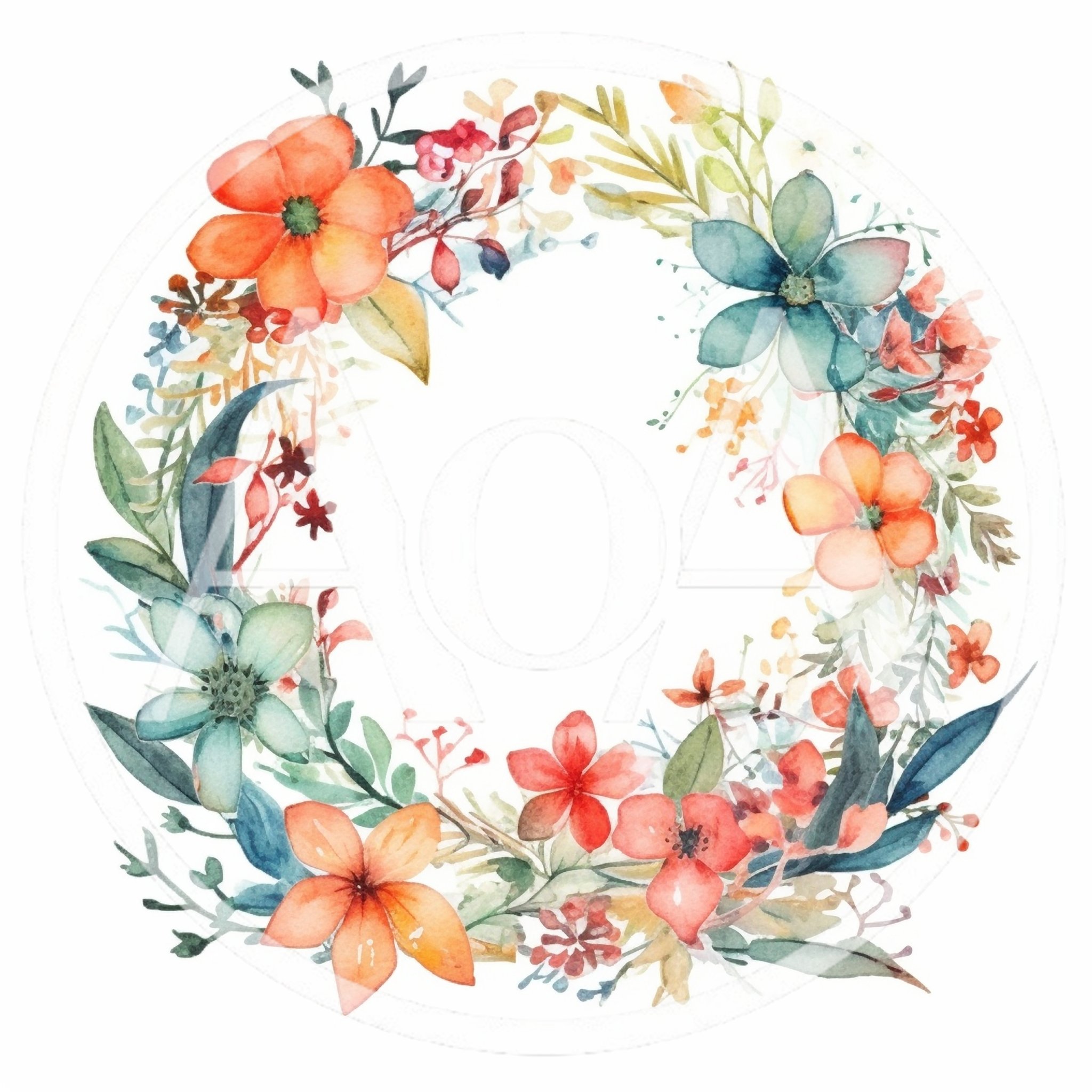 Watercolor Floral Wreath With Orange And Teal Flowers