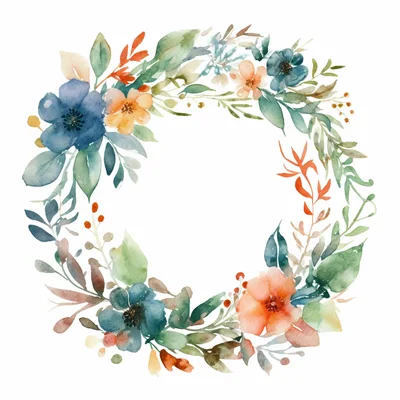 Watercolor Floral Wreath With Blue And Orange Flowers