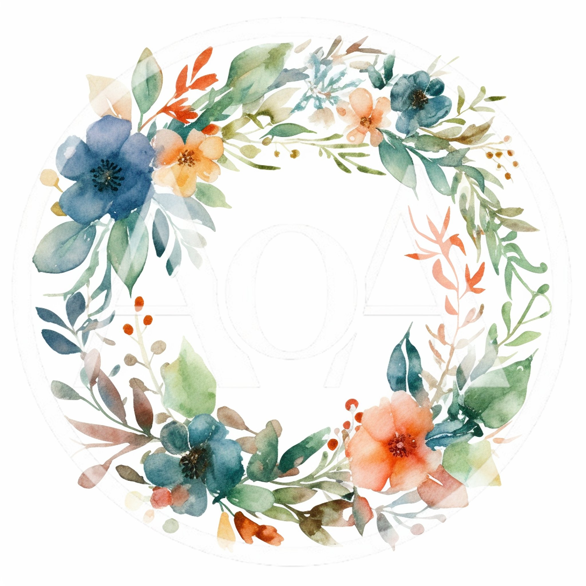 Watercolor Floral Wreath With Blue And Orange Flowers