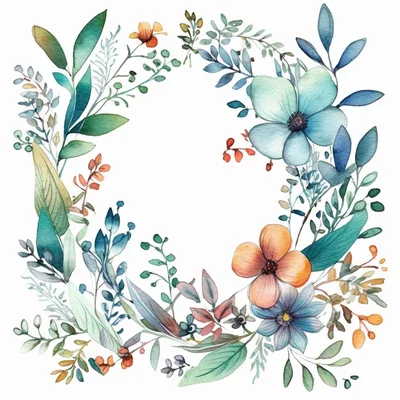 Watercolor Floral Wreath With Blue And Orange Flowers