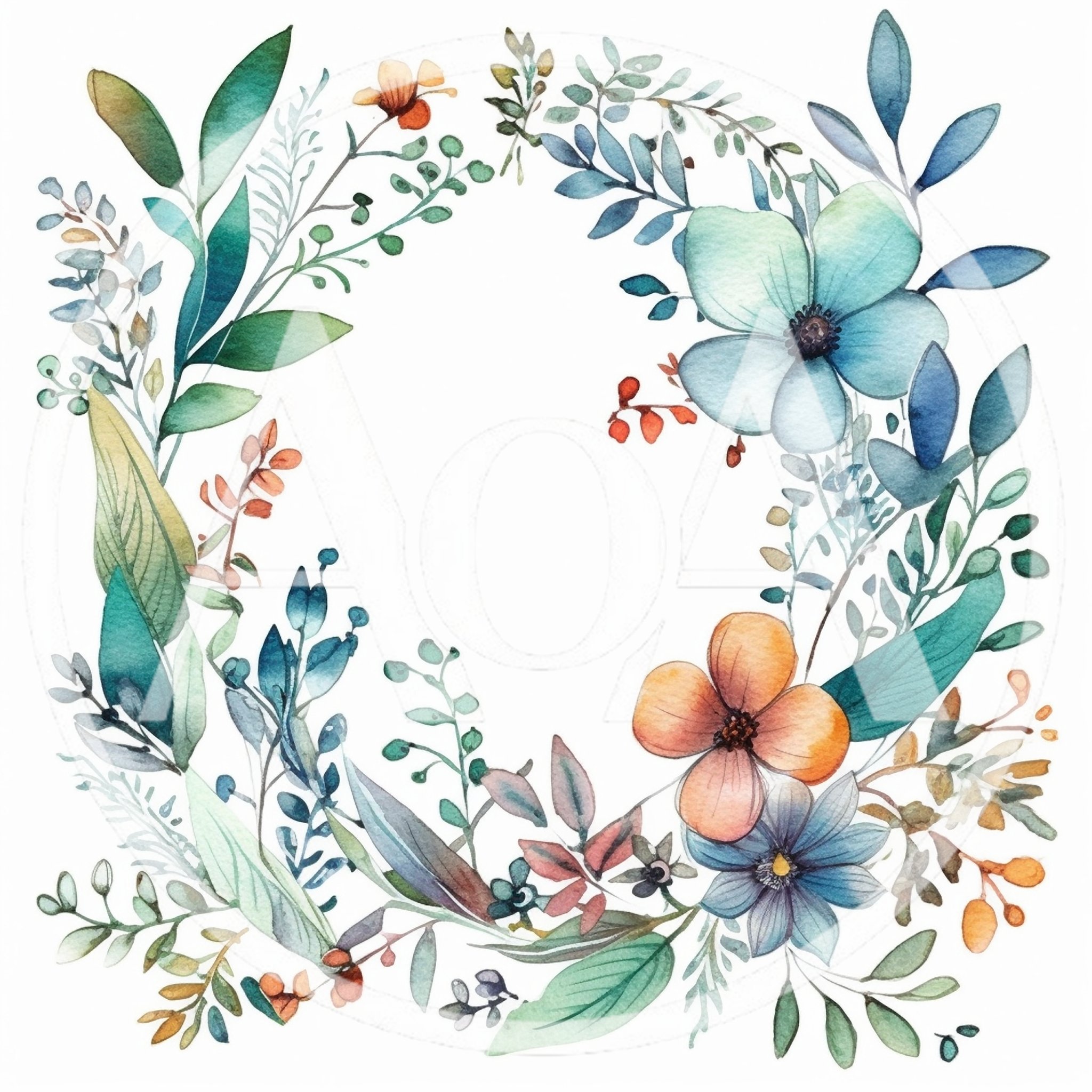 Watercolor Floral Wreath With Blue And Orange Flowers
