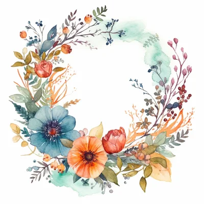 Watercolor Floral Wreath With Blue And Orange Flowers