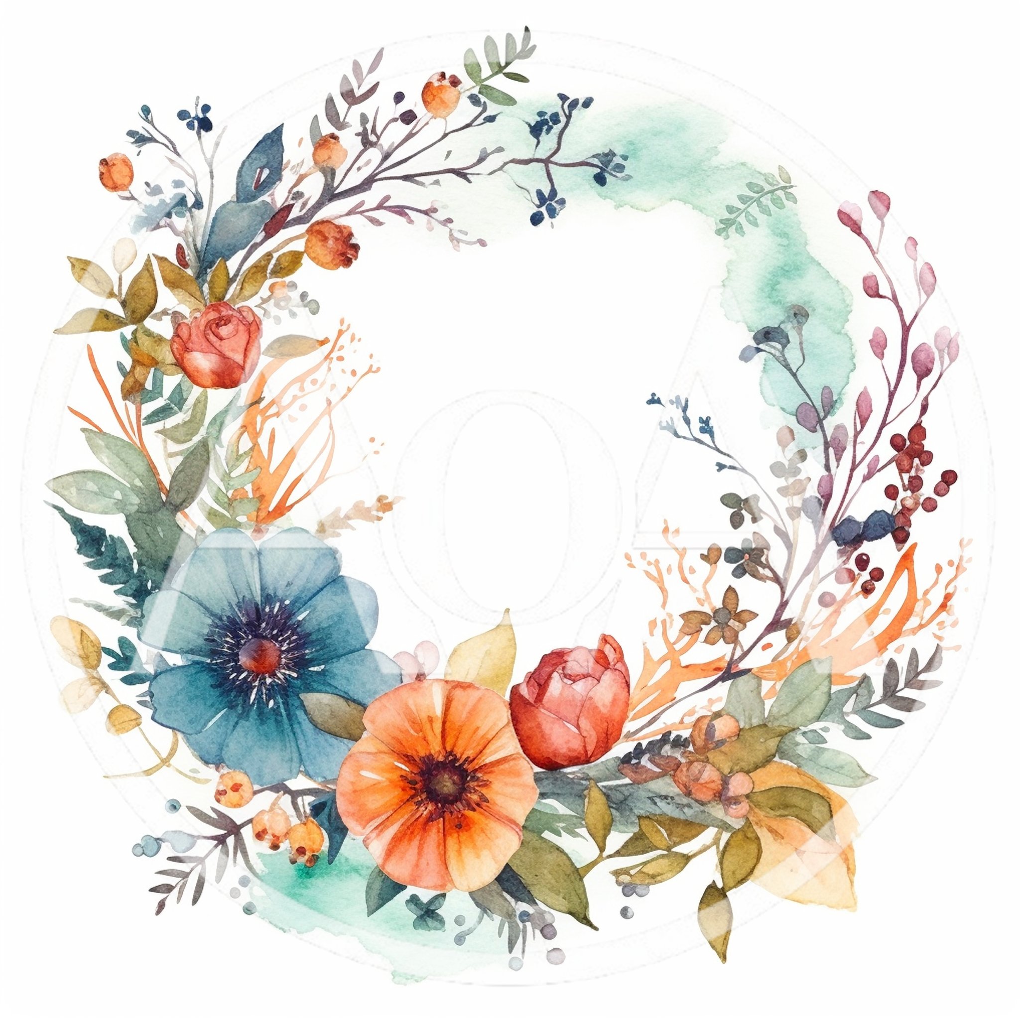 Watercolor Floral Wreath With Blue And Orange Flowers