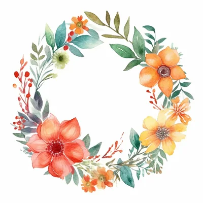 Watercolor Floral Wreath With Vibrant Orange And Red Flowers