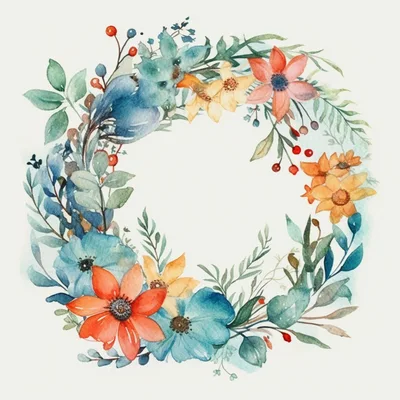 Watercolor Floral Wreath With Blue And Orange Flowers