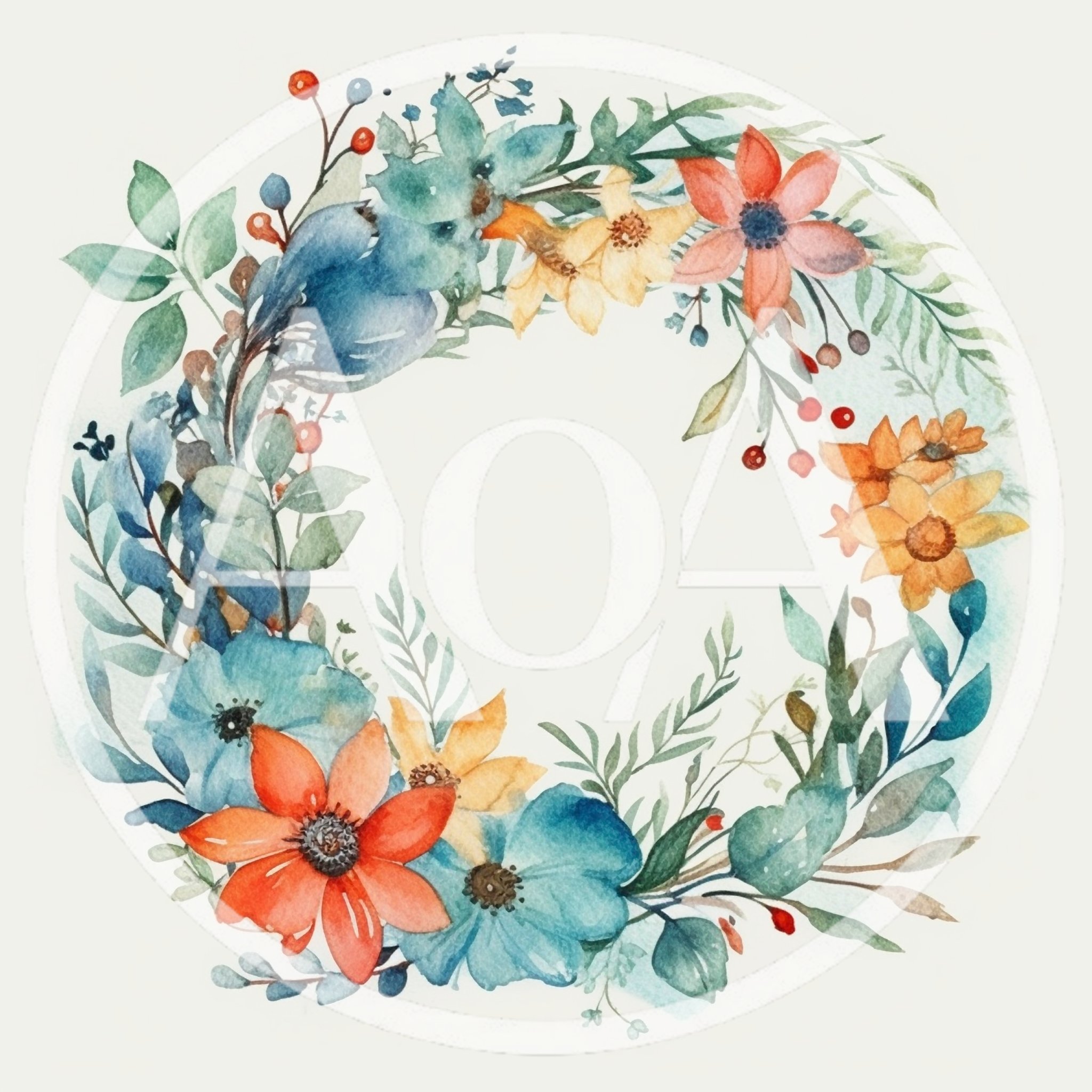 Watercolor Floral Wreath With Blue And Orange Flowers