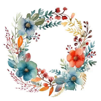 Watercolor Floral Wreath With Blue And Orange Flowers