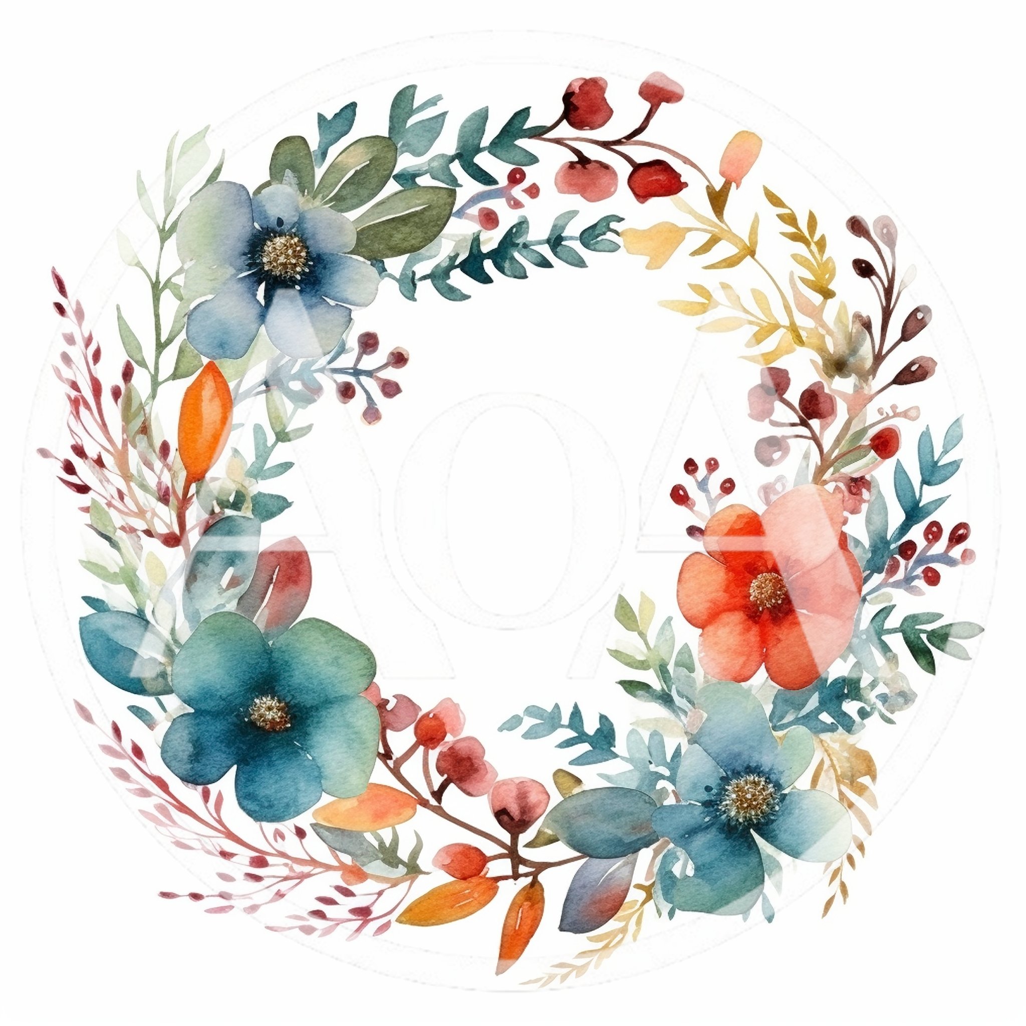 Watercolor Floral Wreath With Blue And Orange Flowers