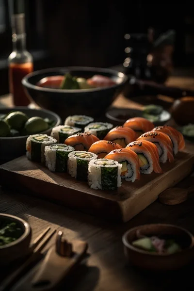 Fresh Salmon Sushi Rolls On A Wooden Board