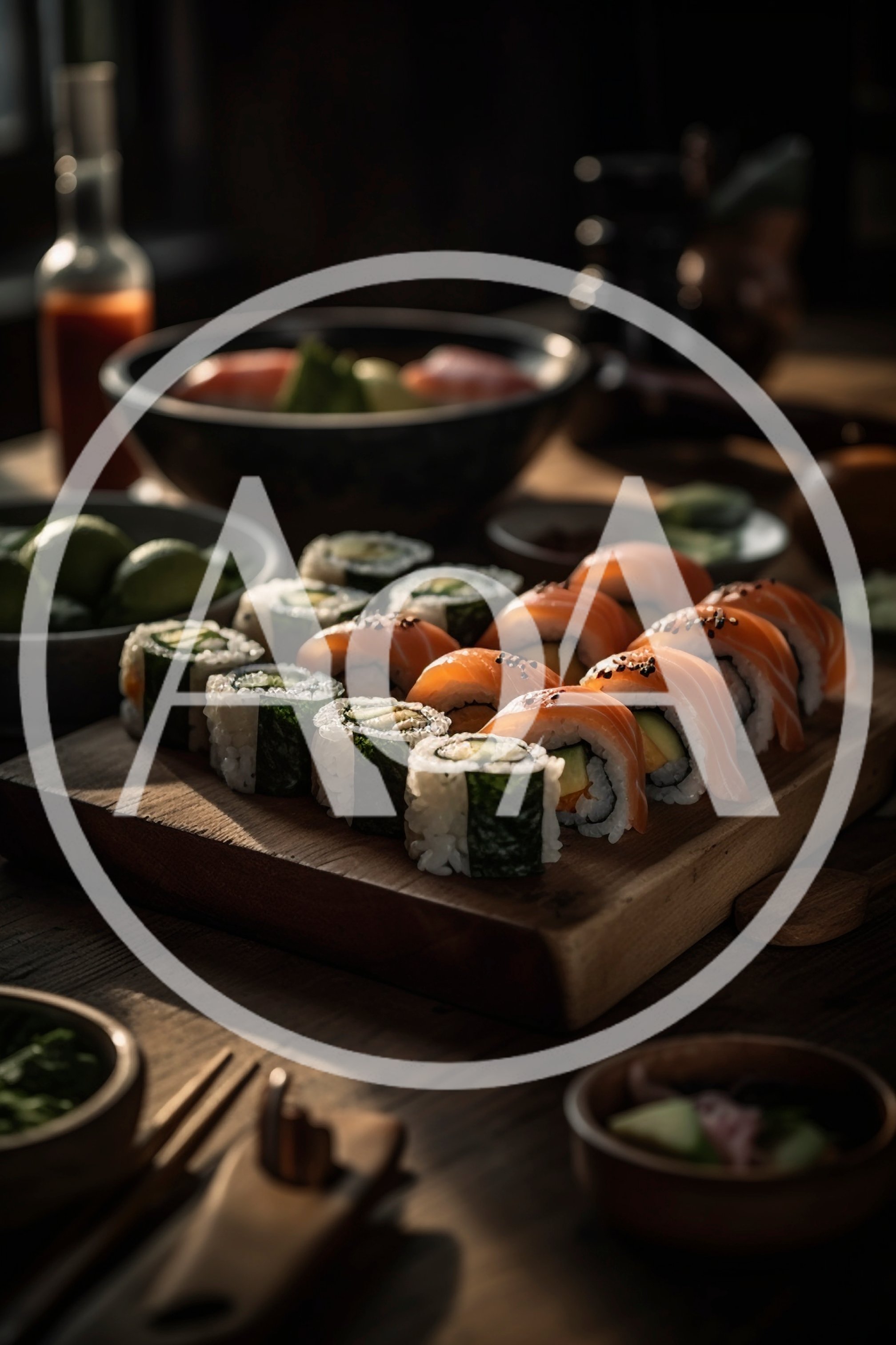 Fresh Salmon Sushi Rolls On A Wooden Board