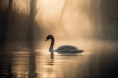 Graceful Mute Swan Swimming on Misty Lake
