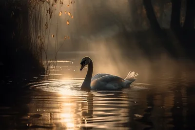 Graceful White Swan Swimming In Misty Golden Pond