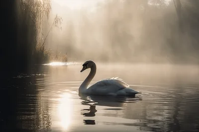 Graceful White Swan Swimming on Misty Lake