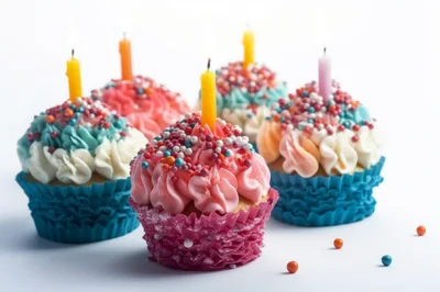 Four Decorated Birthday Cupcakes With Lit Candles