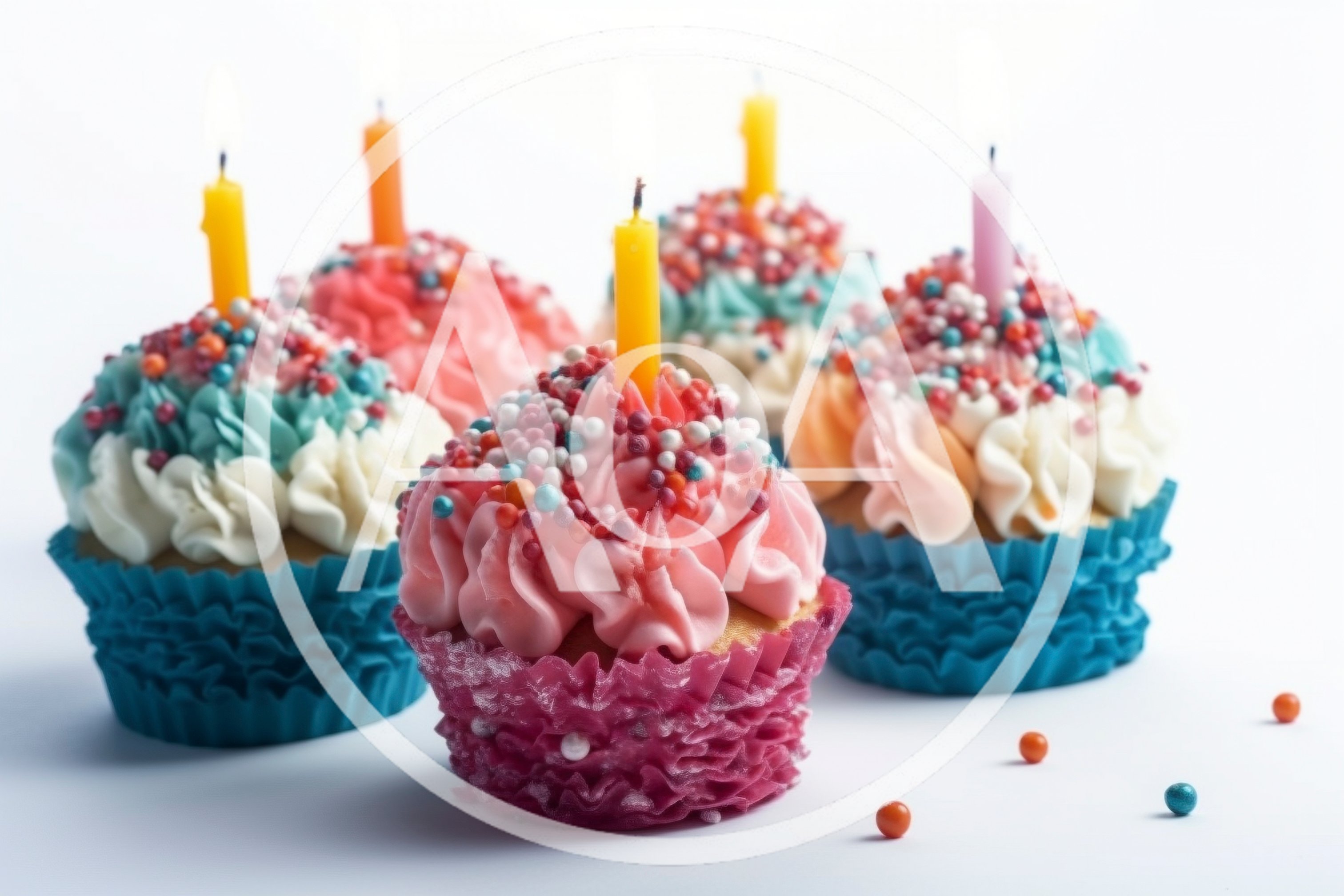 Four Decorated Birthday Cupcakes With Lit Candles