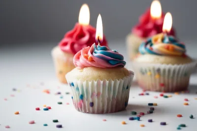 Three Festive Cupcakes With Lit Birthday Candles