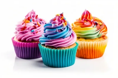 Three Colorful Frosted Cupcakes On White Background