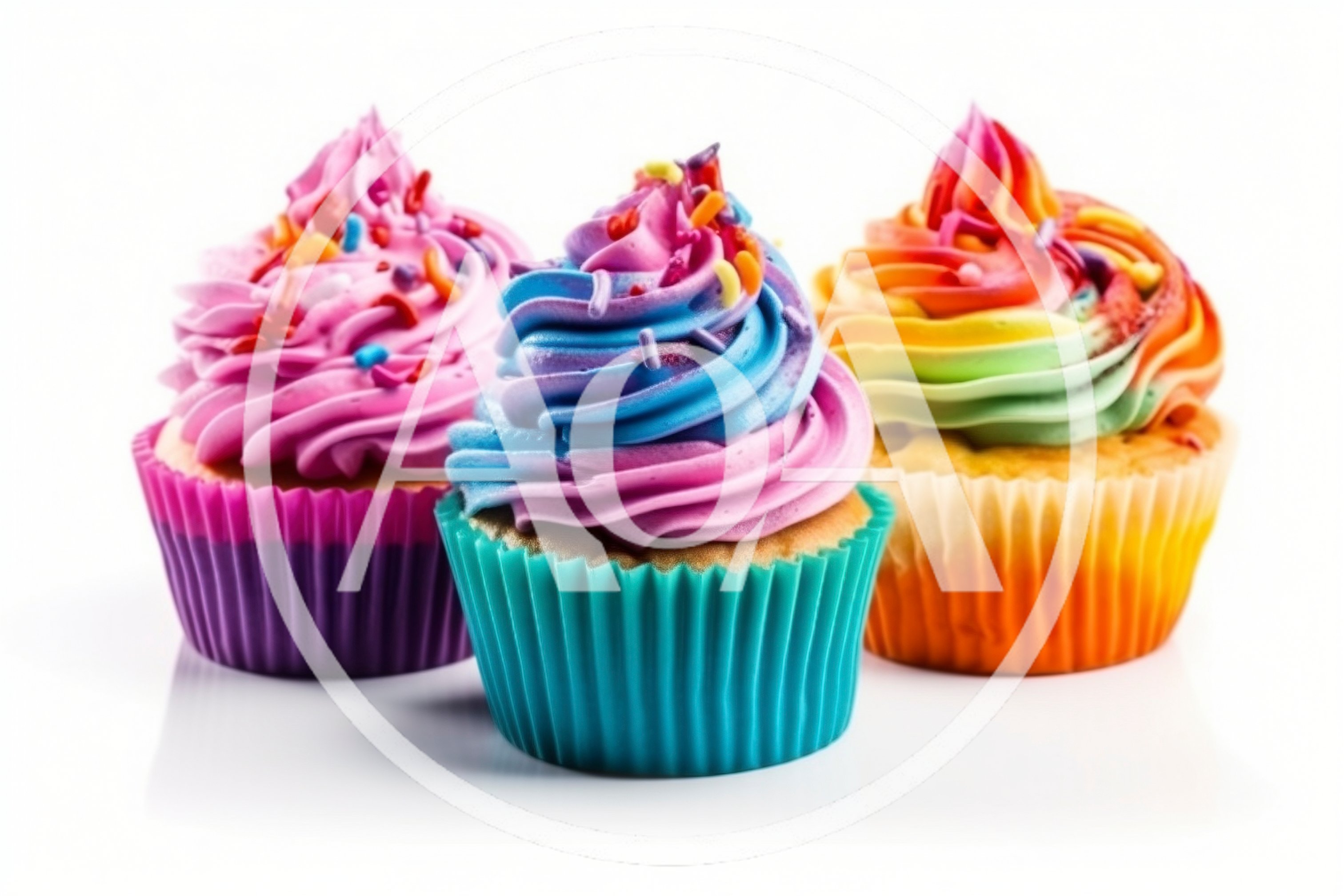 Three Colorful Frosted Cupcakes On White Background