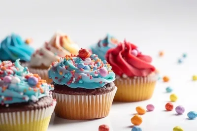 Assorted Colorful Cupcakes With Sprinkles On White Background