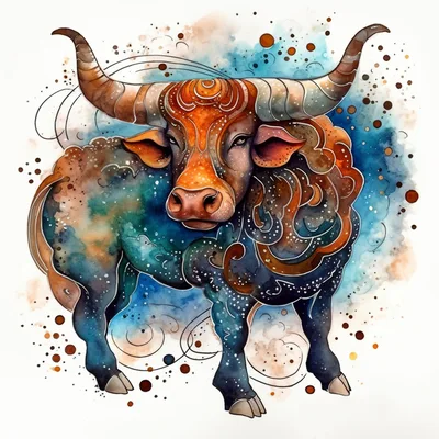 Watercolor Illustration Of A Celestial Taurus Zodiac Bull