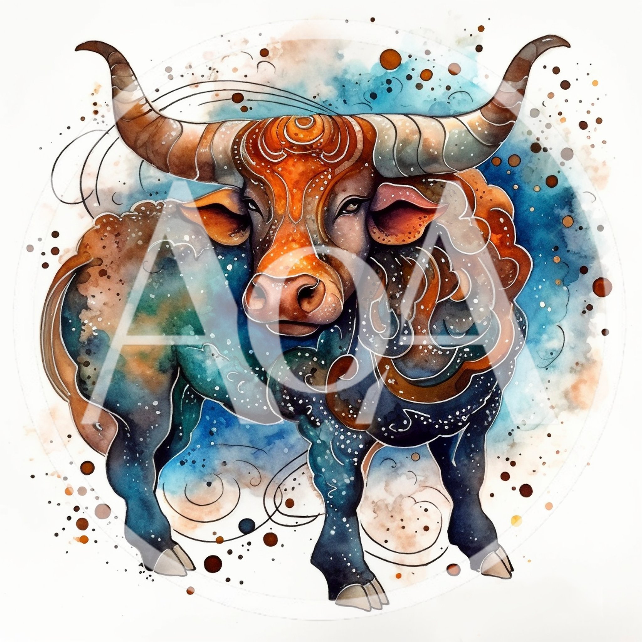 Watercolor Illustration Of A Celestial Taurus Zodiac Bull