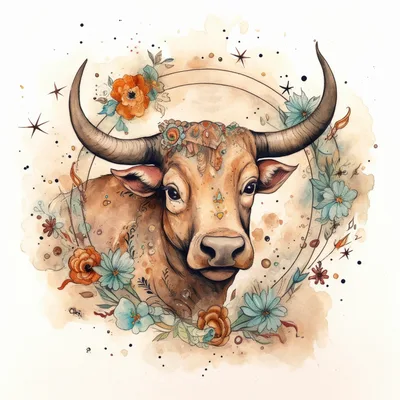 Watercolor Illustration Of A Taurus Zodiac Bull