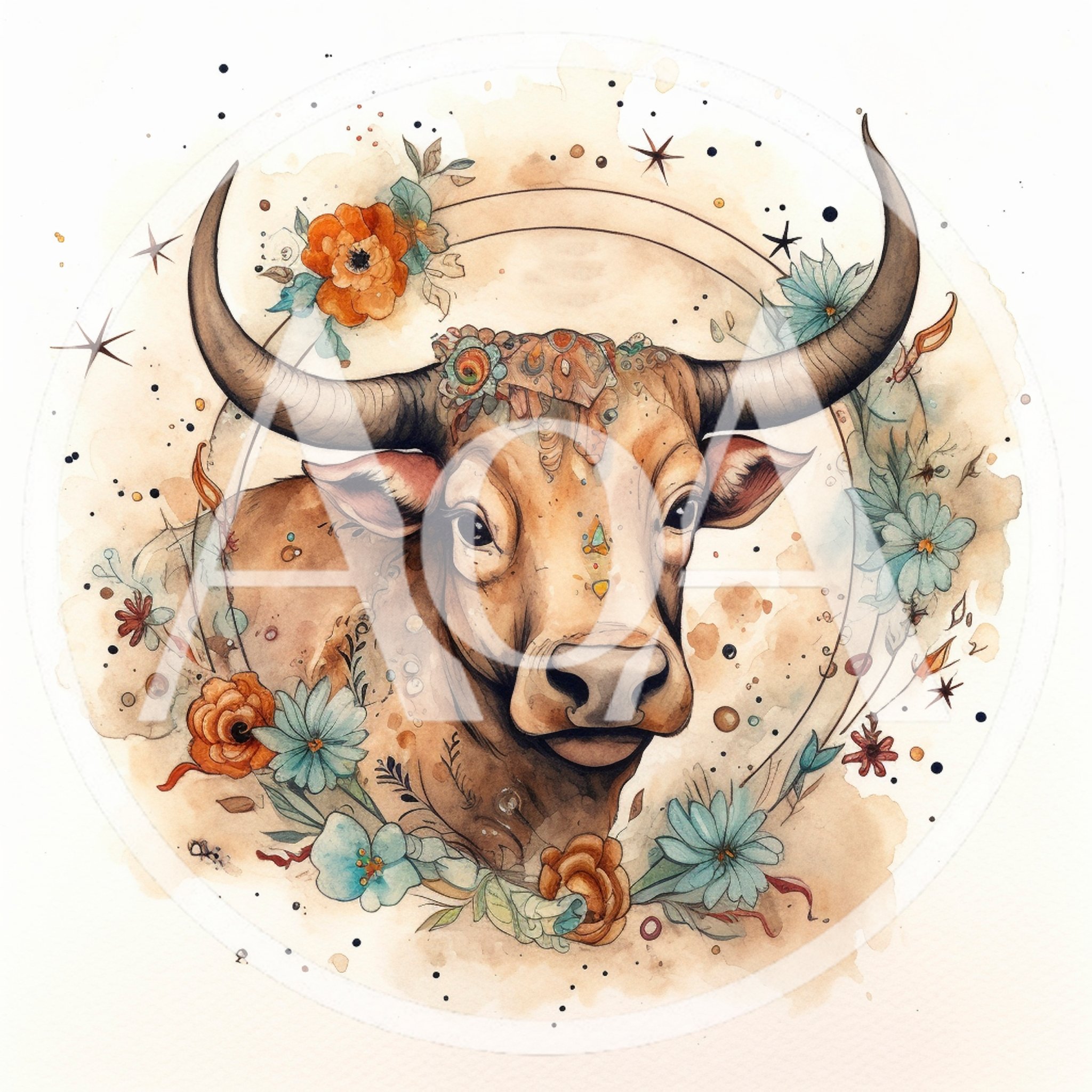 Watercolor Illustration Of A Taurus Zodiac Bull