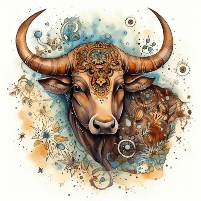 Watercolor Illustration Of A Decorative Taurus Bull