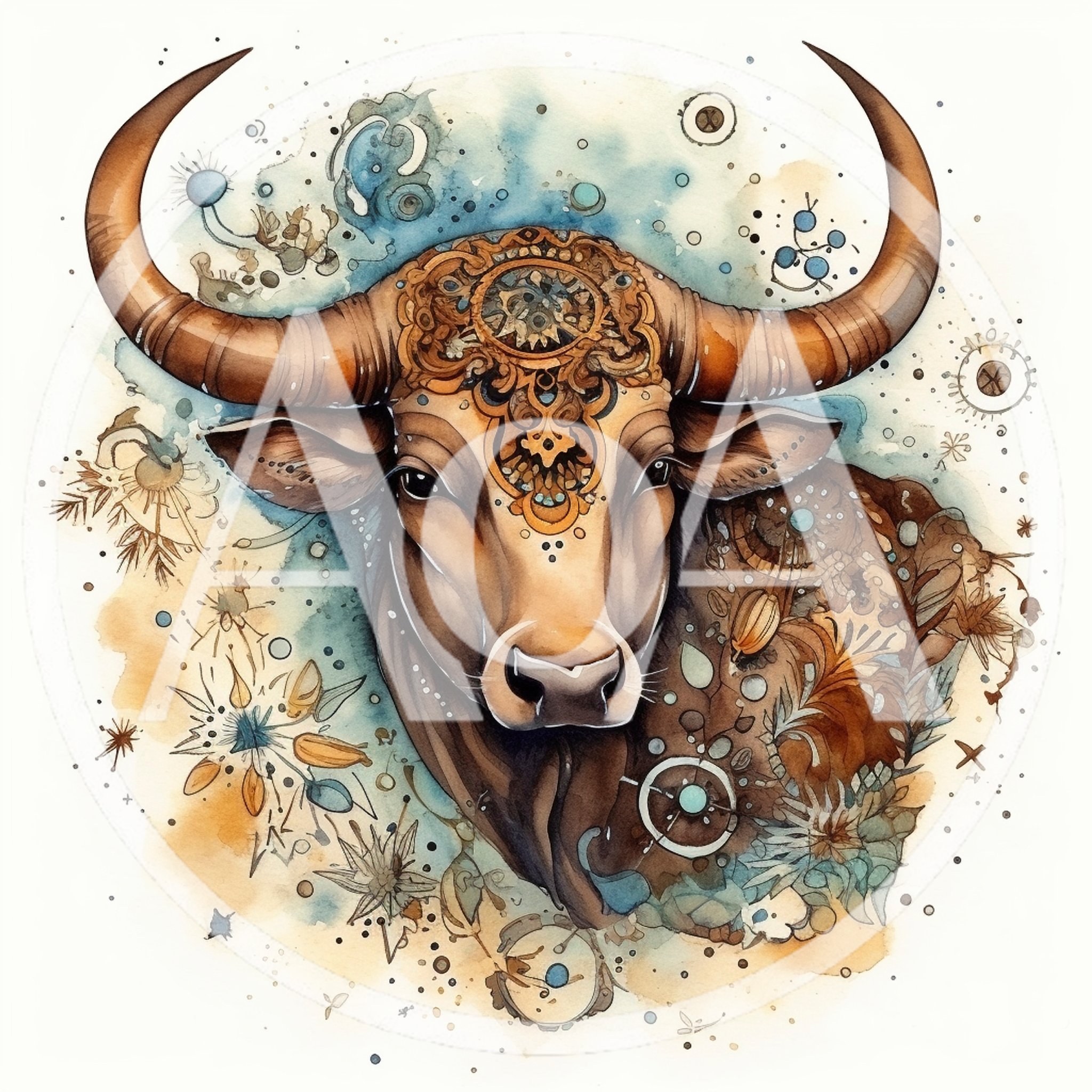 Watercolor Illustration Of A Decorative Taurus Bull