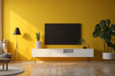 Modern Living Room Interior With Yellow Wall And Television