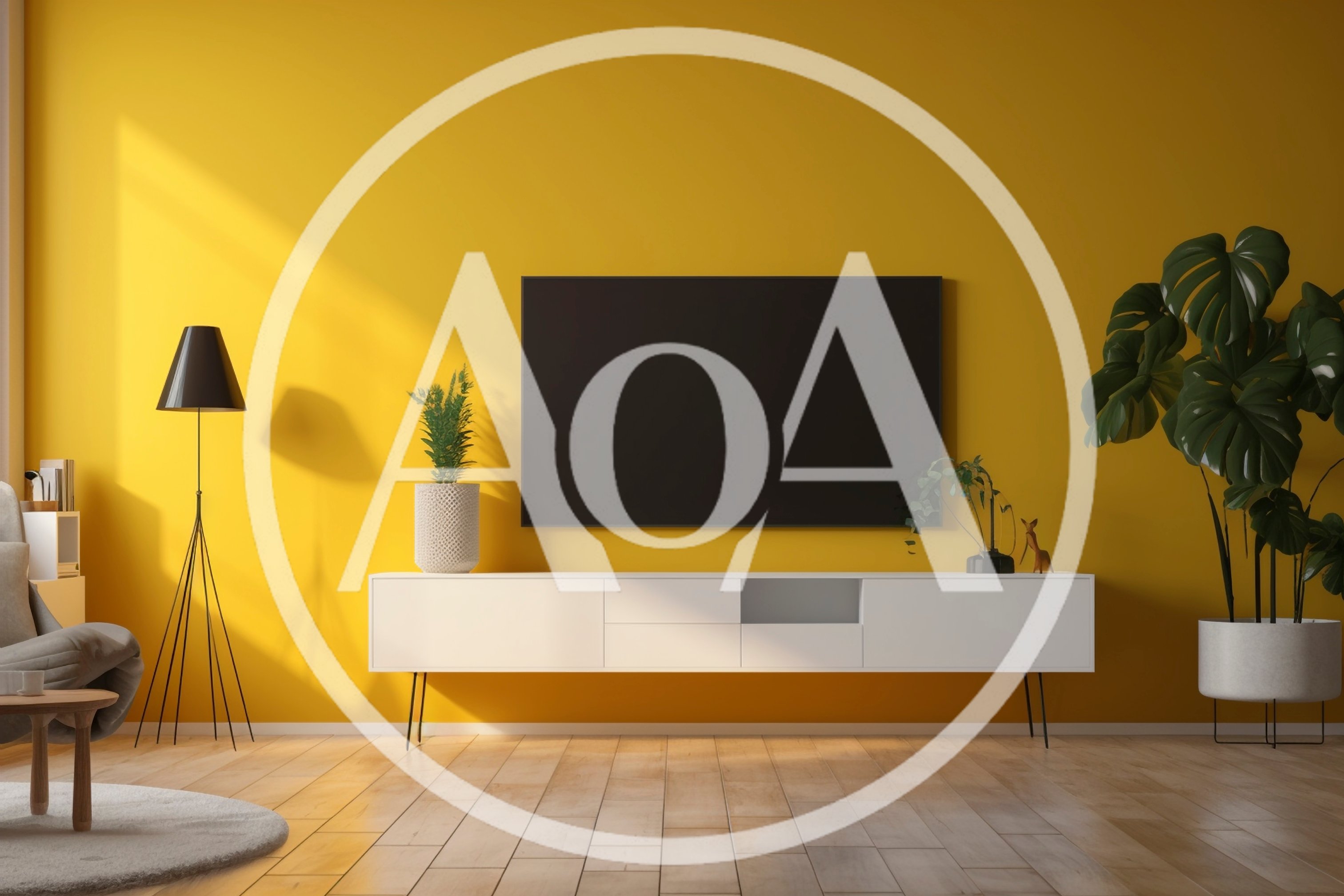 Modern Living Room Interior With Yellow Wall And Television