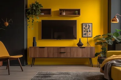 Modern Living Room Interior With Yellow Wall