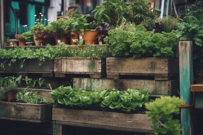 Tiered Wooden Planter Boxes With Fresh Garden Herbs