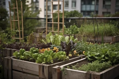 Urban Rooftop Vegetable Garden In Wooden Planter Boxes