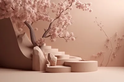 Minimalist Product Display Podium With Cherry Blossom Tree