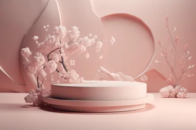 Minimalist Pink Product Display Pedestal With Cherry Blossoms