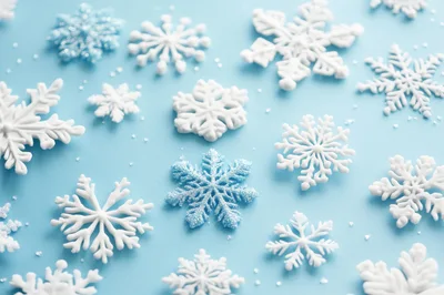 White and Blue Snowflake Ornaments on Light Blue Background
