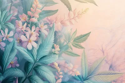 Soft Pastel Floral Botanical Background With Cannabis Leaves