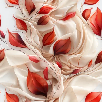 Seamless Pattern of Red Leaves on Flowing Silk Fabric