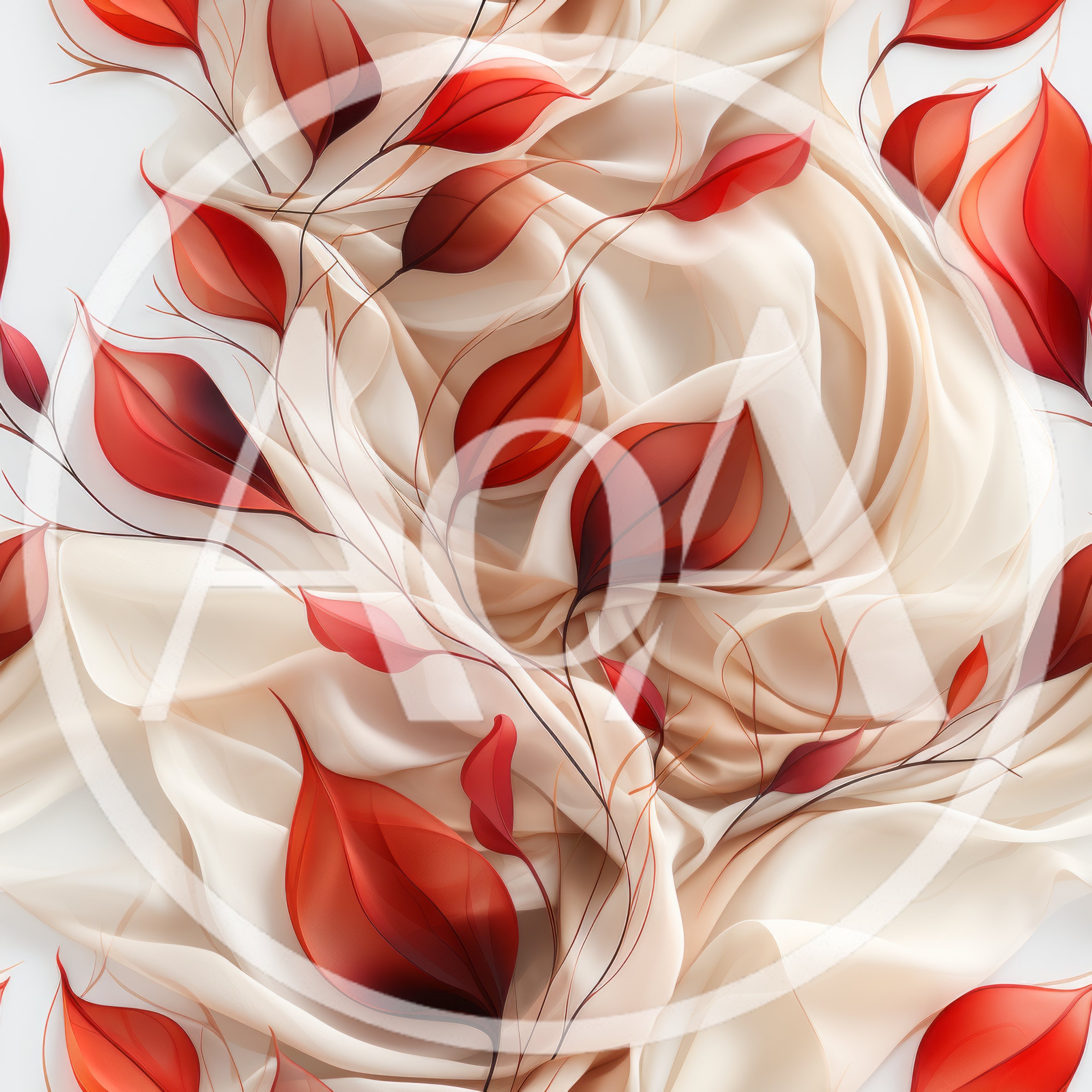 Seamless Pattern of Red Leaves on Flowing Silk Fabric